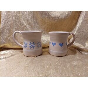2 Vintage Cottage Pottery Burton, Ohio Stoneware Mugs Country Blue Hearts Glazed